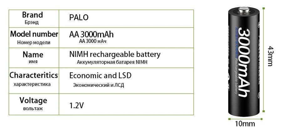 PALO AA and AAA Rechargeable Batteries 3000mAh NI-MH AA Battery LR6 1100mAh AAA LR3+LCD USB USB Charger for 1.2V AA AAA Battery