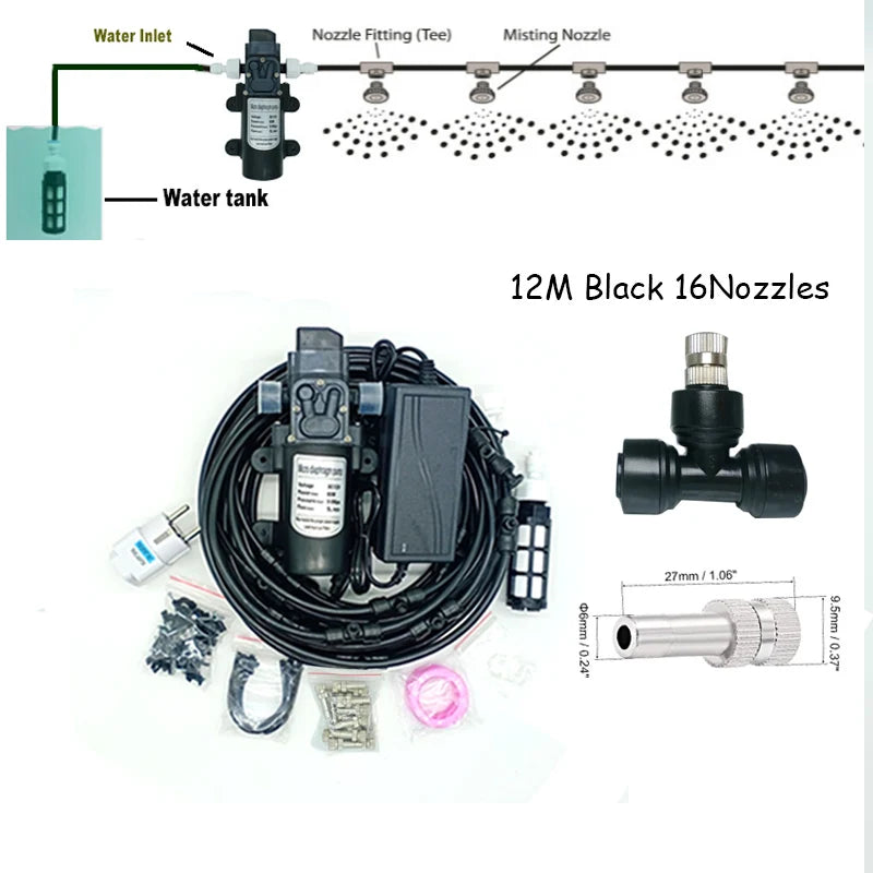 6-18M Misting Kits 12V DC Pump Spray Dust Removal System Fog Nozzles Low Pressure Atomization Humidify Cooling Watering