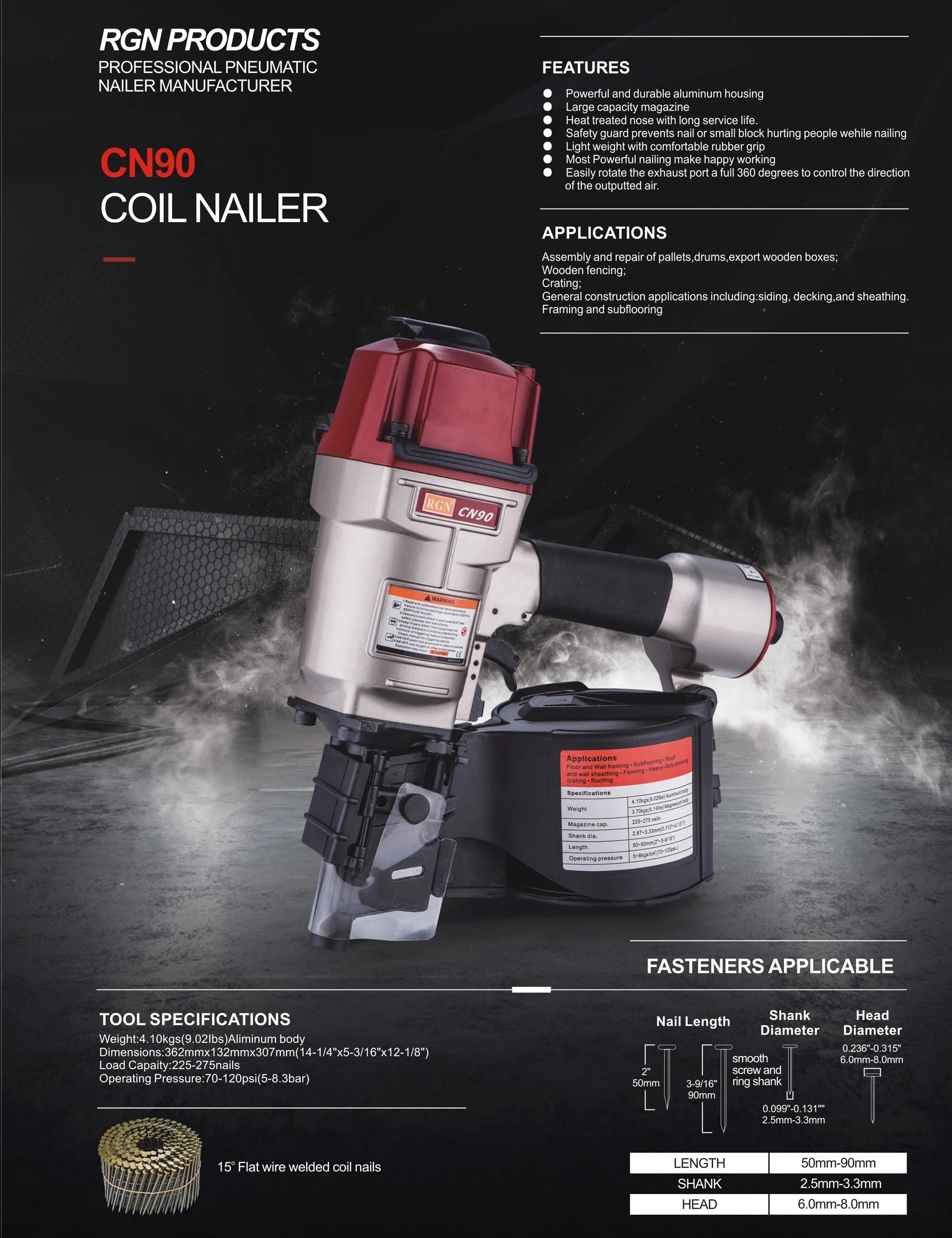 50-90mm nails Air Pallet Nailer Coil Nail Gun CN90
