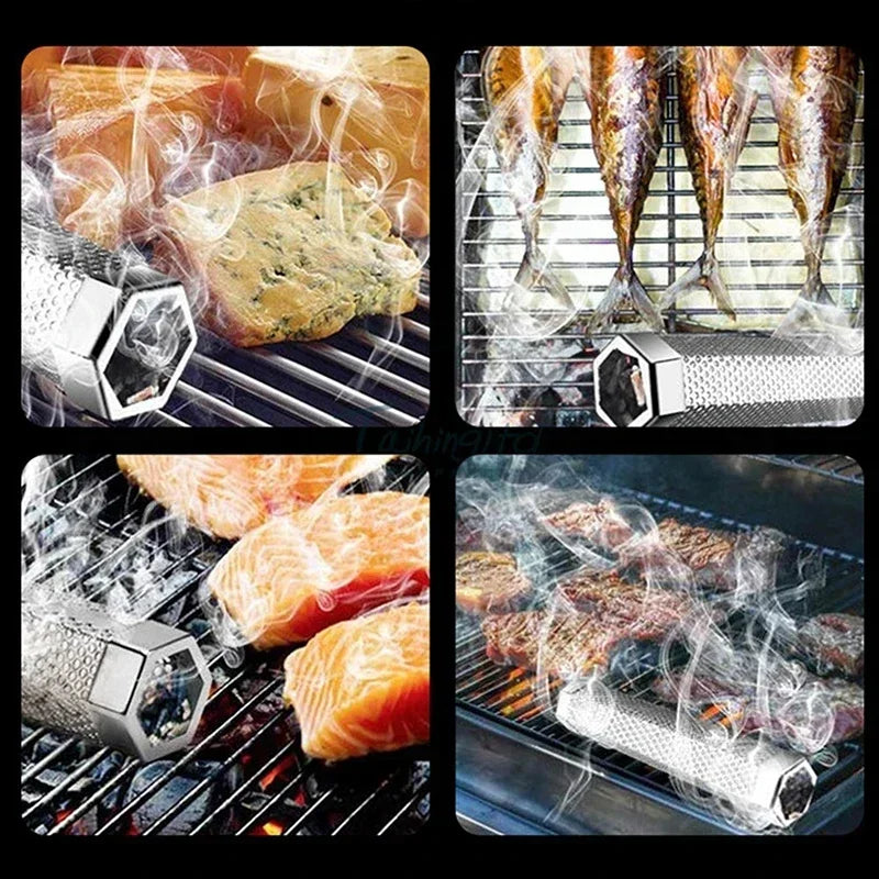 6/12 inch BBQ Stainless Steel Smoker Grill Tube Perforated Mesh Filter Gadget Pellet Smoking Generator Hexagon Spice Smoked Box