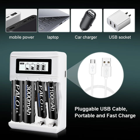 PALO AA and AAA Rechargeable Batteries 3000mAh NI-MH AA Battery LR6 1100mAh AAA LR3+LCD USB USB Charger for 1.2V AA AAA Battery
