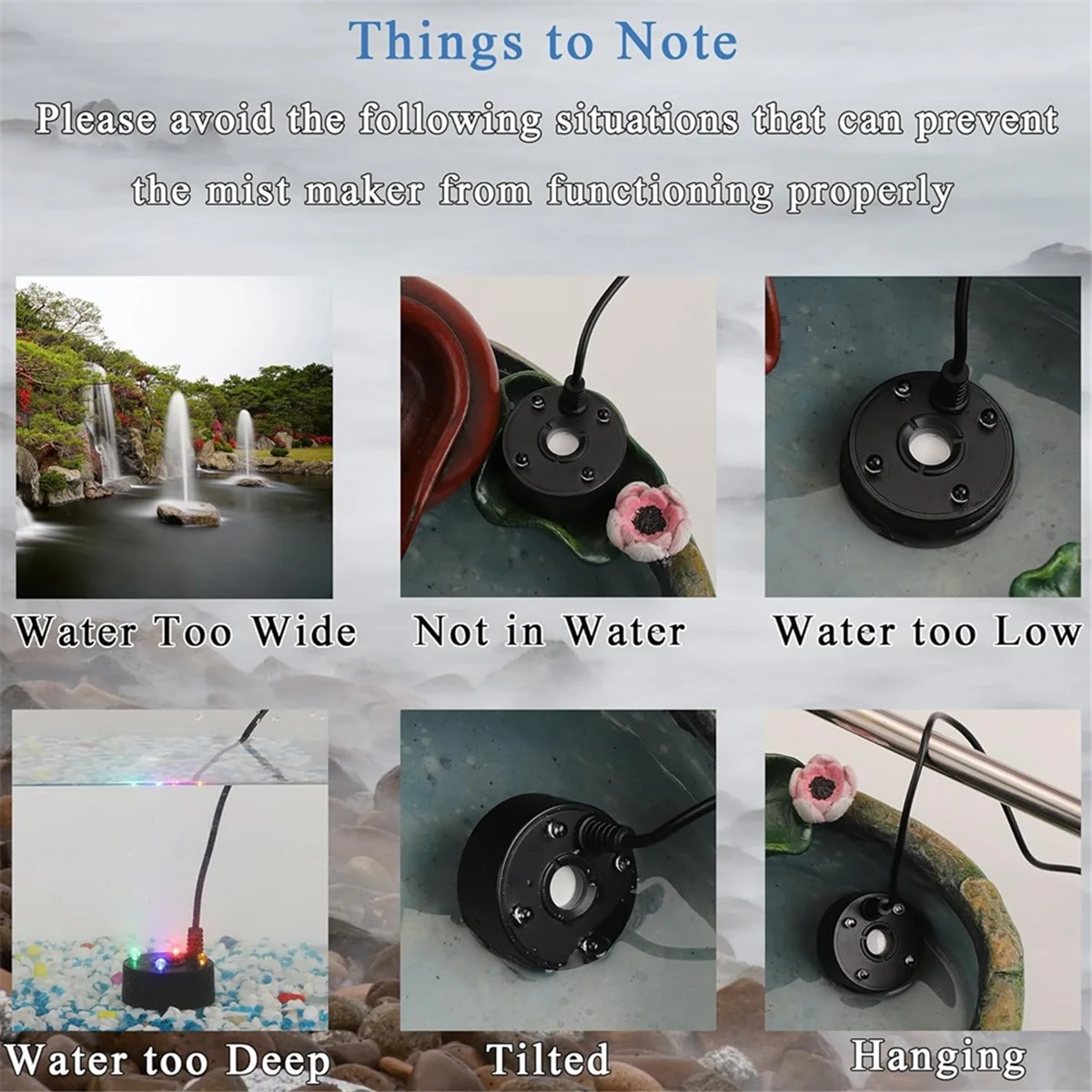 Practical USB 5V Water Pump Mist Maker LED Lights Mini Mister Fog Machine, Indoor Fountain Garden Pond Water Fogger Atomizer Whi