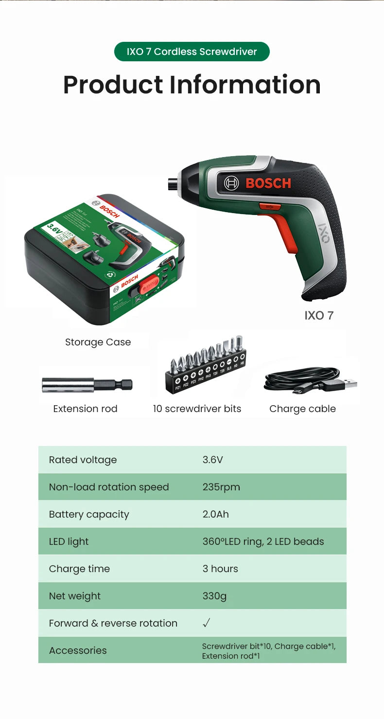 Bosch IXO 7 Cordless Electric Screwdriver Mini Electric Drill 5.5Nm 235rpm 3.6V  Rechargeable Screwdriver Power Tool