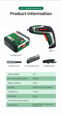 Bosch IXO 7 Cordless Electric Screwdriver Mini Electric Drill 5.5Nm 235rpm 3.6V  Rechargeable Screwdriver Power Tool