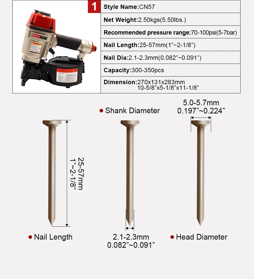 CN55 Pneumatic Nailer Gun CN57 Air Coil Nailer 57mm Nailes for Fencing Framing Roof Pallets Nail Gun Decorate Board Production
