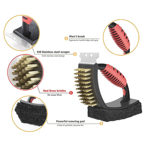 A19F-Grill Brush Grill Accessories Brass Grill Cleaning Brush 3 In 1 Multifunction BBQ Cleaning Brush Cleaning Brush Bristles