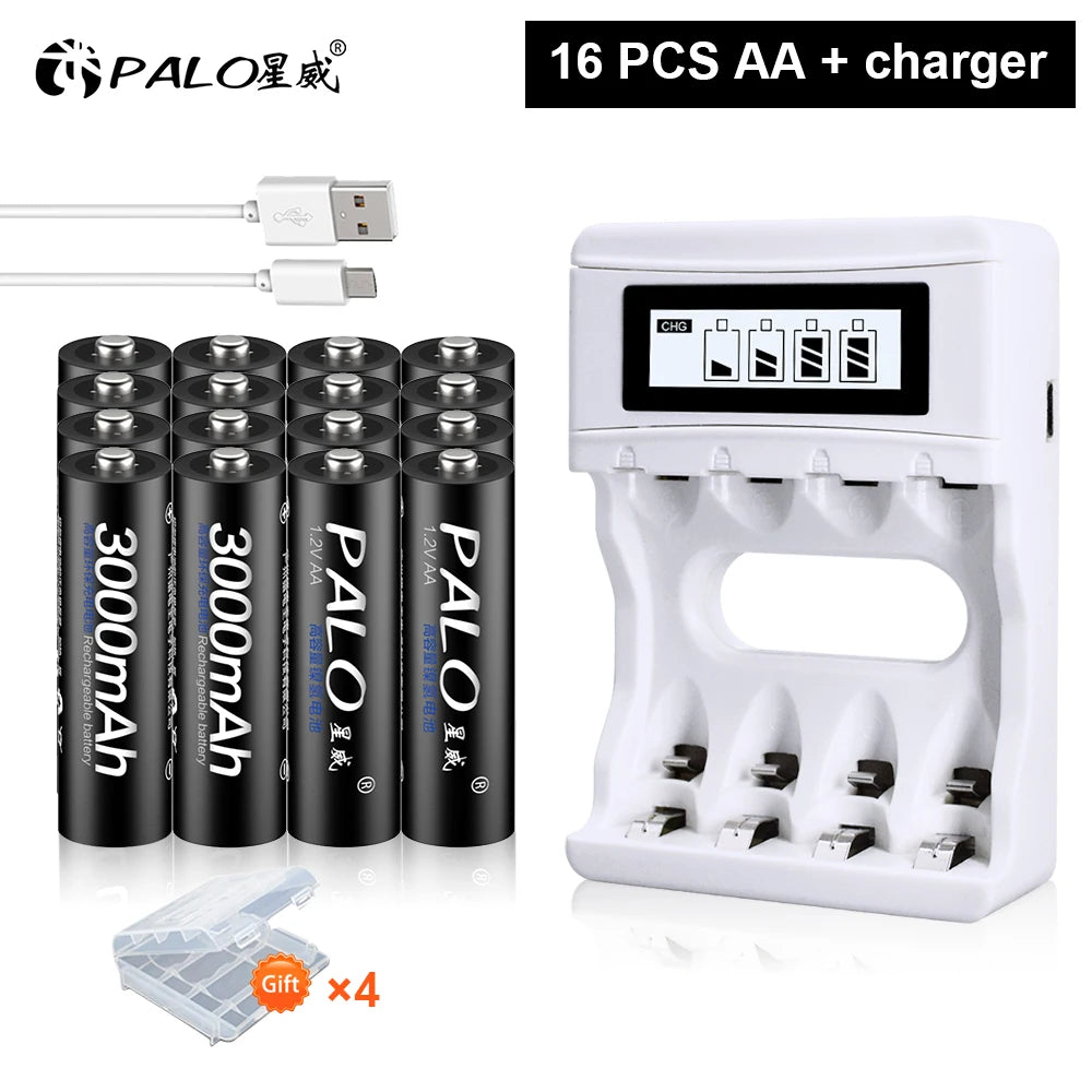 PALO AA and AAA Rechargeable Batteries 3000mAh NI-MH AA Battery LR6 1100mAh AAA LR3+LCD USB USB Charger for 1.2V AA AAA Battery