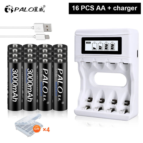 PALO AA and AAA Rechargeable Batteries 3000mAh NI-MH AA Battery LR6 1100mAh AAA LR3+LCD USB USB Charger for 1.2V AA AAA Battery