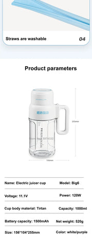 1000ml Wireless Juicer Blender Portable Drinking Cup Milkshake Mixer Juice Maker USB Rechargeable Home Juice Cup 1500mAh