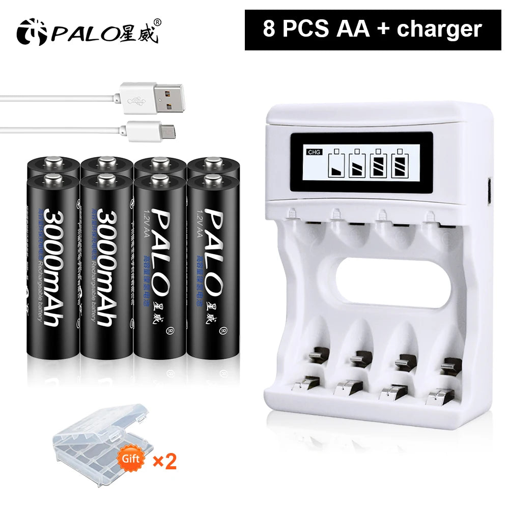 PALO AA and AAA Rechargeable Batteries 3000mAh NI-MH AA Battery LR6 1100mAh AAA LR3+LCD USB USB Charger for 1.2V AA AAA Battery