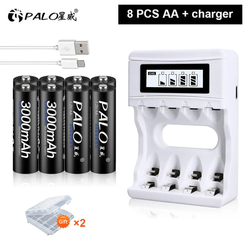 PALO AA and AAA Rechargeable Batteries 3000mAh NI-MH AA Battery LR6 1100mAh AAA LR3+LCD USB USB Charger for 1.2V AA AAA Battery