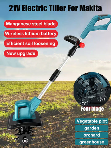 400W Electric Cultivator,21V Electric Tiller for Makita Battery,Electric Lawn Mower 4 Blades Cordless Grass Trimmer Garden Tools