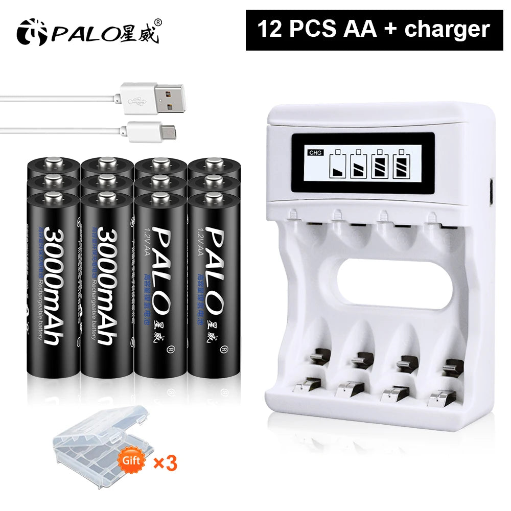 PALO AA and AAA Rechargeable Batteries 3000mAh NI-MH AA Battery LR6 1100mAh AAA LR3+LCD USB USB Charger for 1.2V AA AAA Battery