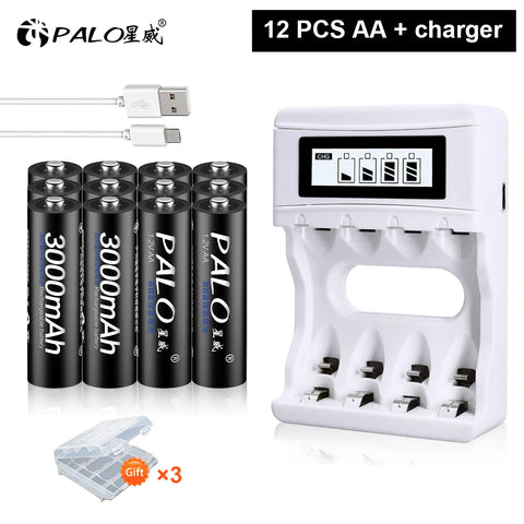 PALO AA and AAA Rechargeable Batteries 3000mAh NI-MH AA Battery LR6 1100mAh AAA LR3+LCD USB USB Charger for 1.2V AA AAA Battery