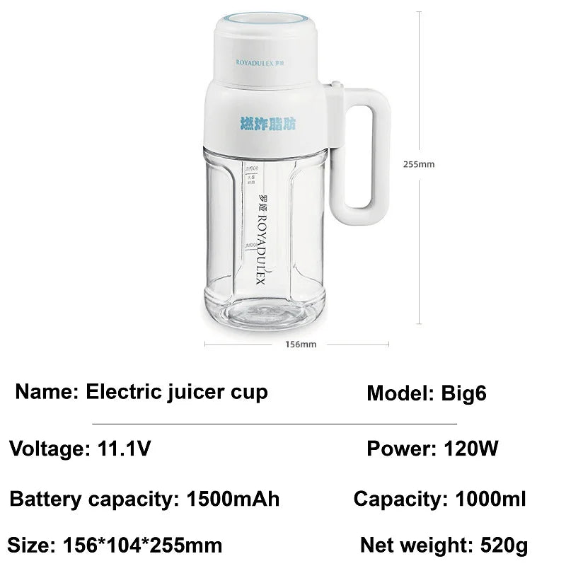 1000ml Wireless Juicer Blender Portable Drinking Cup Milkshake Mixer Juice Maker USB Rechargeable Home Juice Cup 1500mAh
