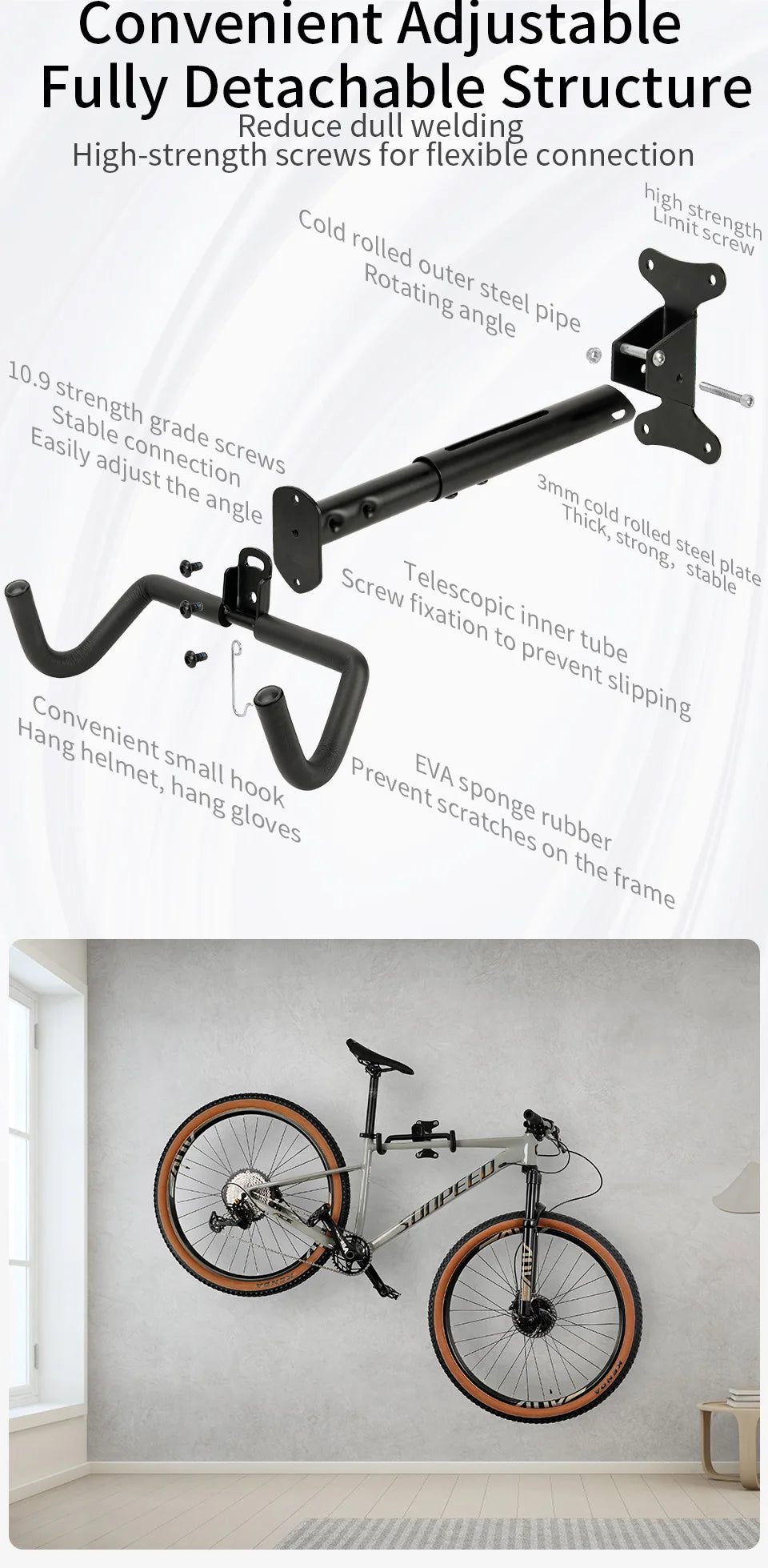 JSHOU BIKE Wall Mount Garage Bike Rack Adjustable Hanger Storage Bike Garage Home,Horizontal Bike Hook Bike Holder MTB/Road Bike
