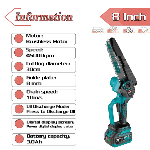 Newly 8 Inch Brushless Electric Saw W/ 2PCS Chains Cordless Woodworking Garden Pruning Chainsaw Set For Makita 18V Battery Pin