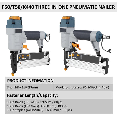 Powered Nailer Pneumatic Nail Gun T50 F50 440K 16Ga/18Ga Air Brads Nailer Cordless for Carpenter Fence Floor Furniture