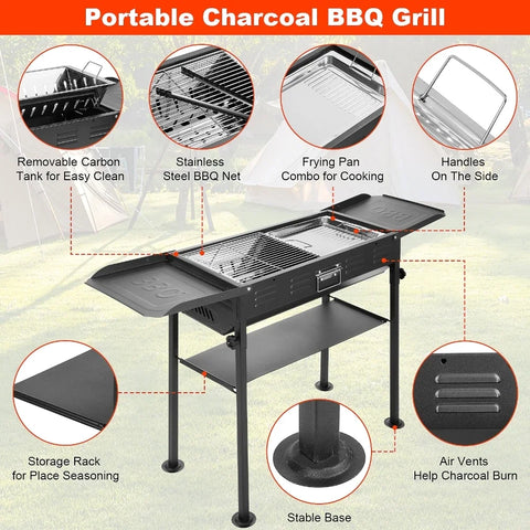 120x30x65cm Portable BBQ Grill Folding Charcoal Grill Household Garden Backyard Camping Barbecue Grill Stainless steel Black