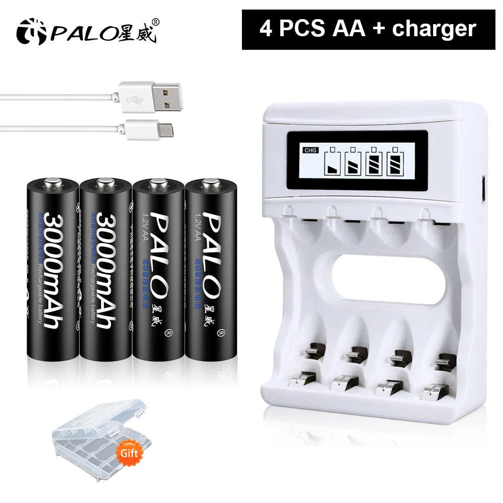 PALO AA and AAA Rechargeable Batteries 3000mAh NI-MH AA Battery LR6 1100mAh AAA LR3+LCD USB USB Charger for 1.2V AA AAA Battery