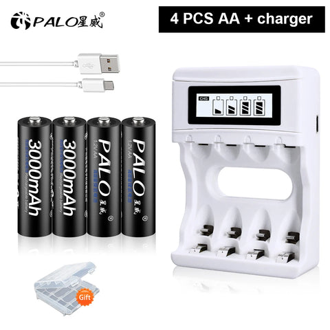 PALO AA and AAA Rechargeable Batteries 3000mAh NI-MH AA Battery LR6 1100mAh AAA LR3+LCD USB USB Charger for 1.2V AA AAA Battery