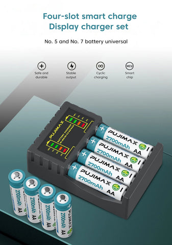 AA/AAA Battery Charger 4 Slots Intelligent LED Indicator USB C Micro Charger for Ni-MH/Ni-Cd Rechargeable AA/AAA Battery Charger