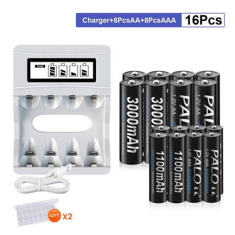 PALO AA and AAA Rechargeable Batteries 3000mAh NI-MH AA Battery LR6 1100mAh AAA LR3+LCD USB USB Charger for 1.2V AA AAA Battery
