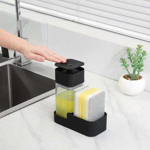 Dish Soap Dispenser Set with Sponge Holder for Kitchen Sink 15oz Clear Bottle with Black Rust Proof Pump Dish Liquid Dispenser