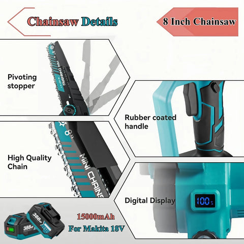 Newly 8 Inch Brushless Electric Saw W/ 2PCS Chains Cordless Woodworking Garden Pruning Chainsaw Set For Makita 18V Battery Pin