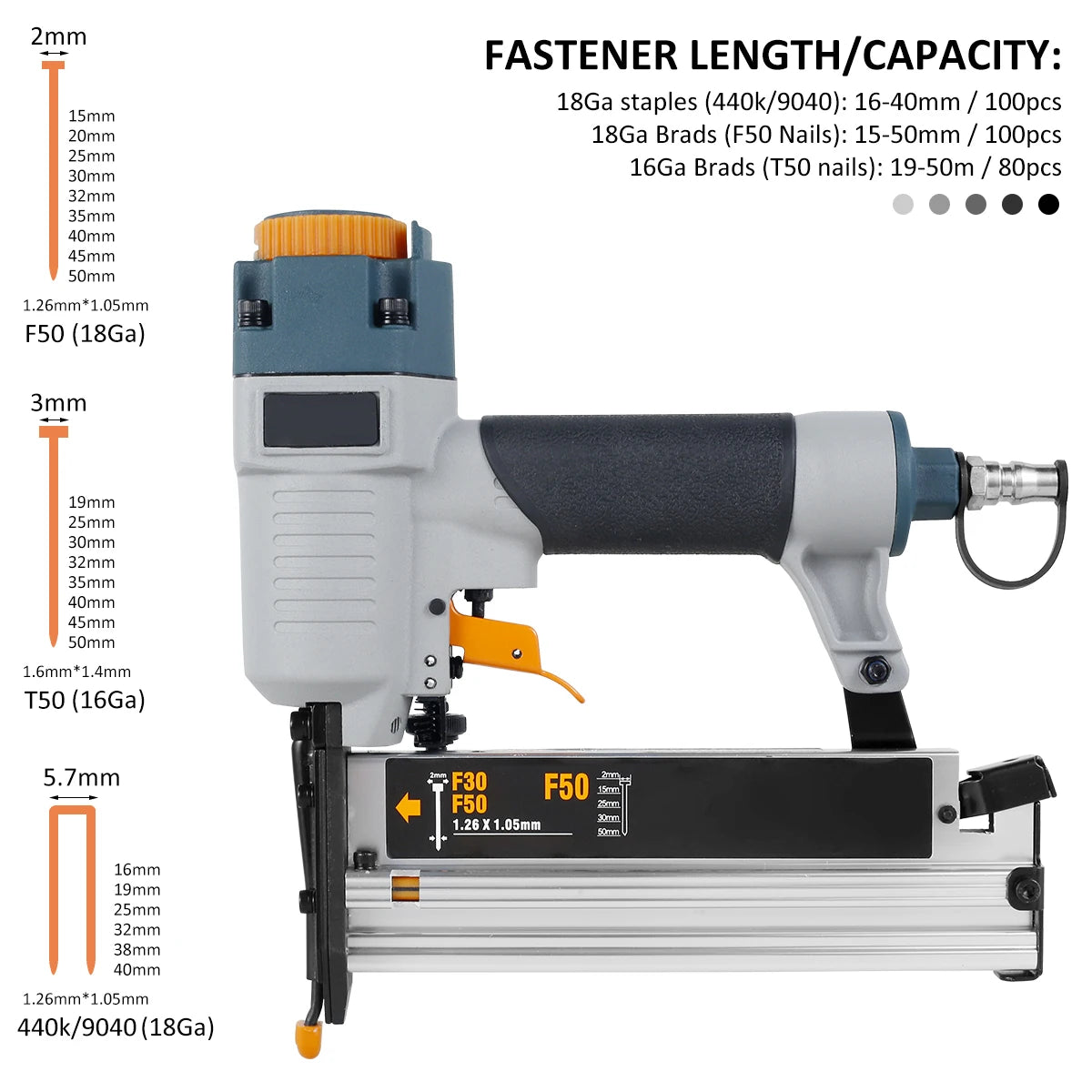 Powered Nailer Pneumatic Nail Gun T50 F50 440K 16Ga/18Ga Air Brads Nailer Cordless for Carpenter Fence Floor Furniture