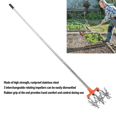 Manual Rotary Cultivator Tool Stainless Steel Teeth Adjustable Handle Garden Hand Tiller for Lawn Hand Rotary Cultivator