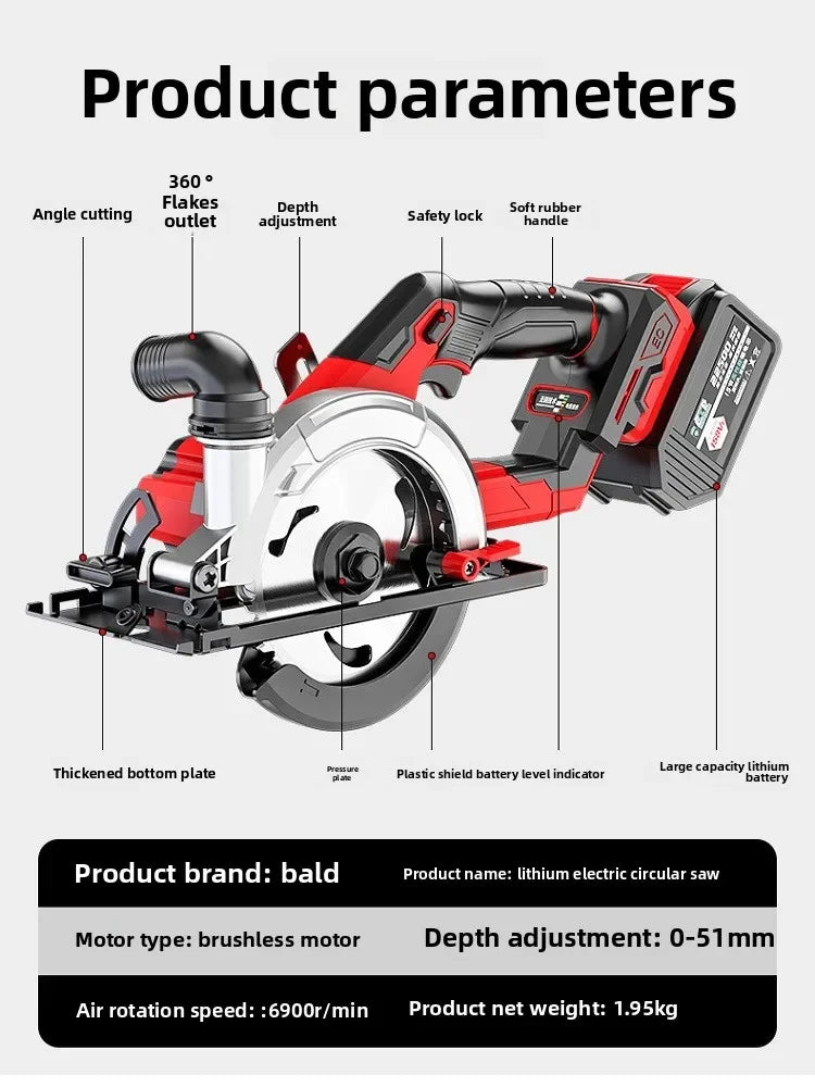 110V/220V Brushless Lithium Battery Electric Circular Saw Rechargeable Wireless Woodworking Hand Saw Power Tools CBA