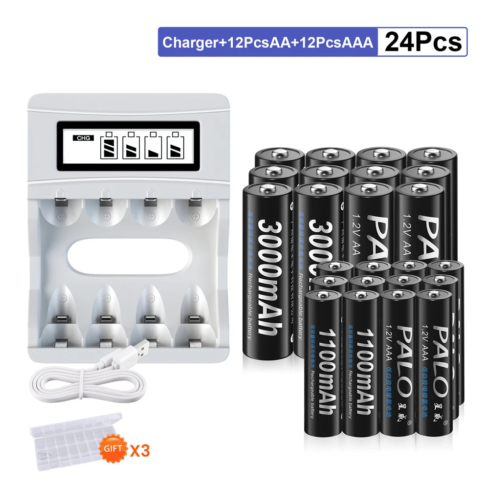 PALO AA and AAA Rechargeable Batteries 3000mAh NI-MH AA Battery LR6 1100mAh AAA LR3+LCD USB USB Charger for 1.2V AA AAA Battery