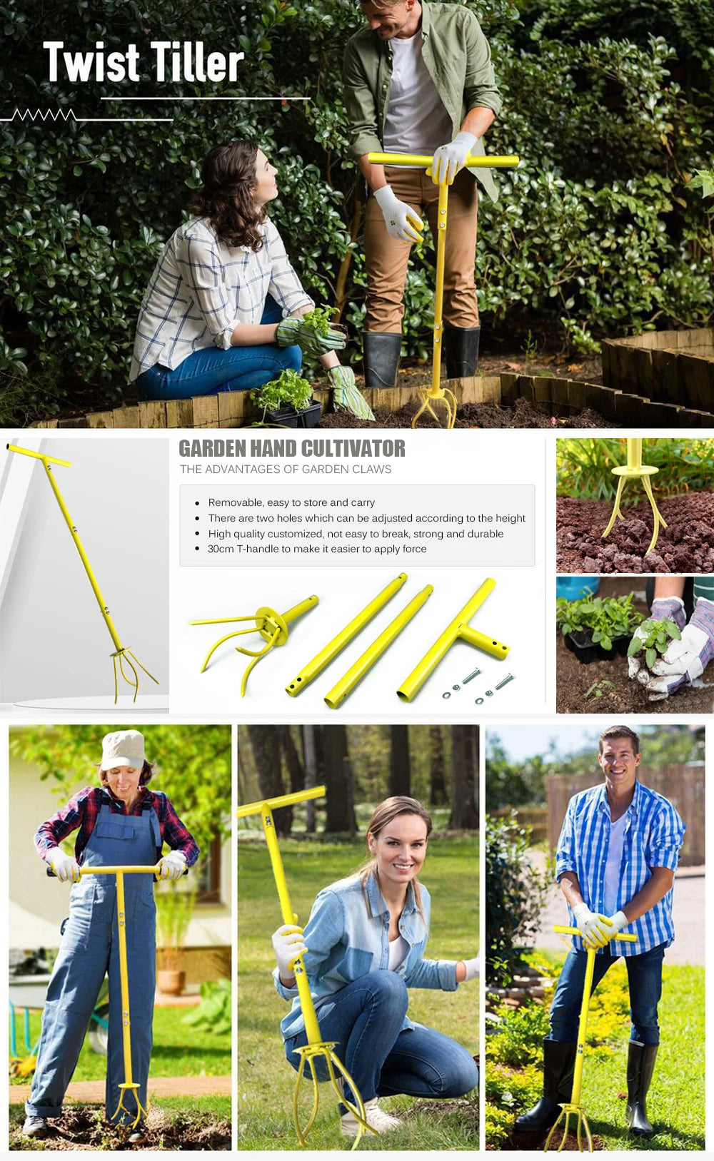 Twist Tiller Soil Grabber T-handle Adjustable Height Yard Garden Manual Soil Claw Cultivator Household Planting Tool