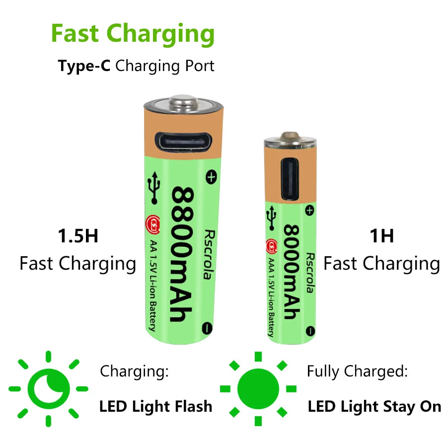 High-Capacity Type-C AA Battery and AAA Battery 1.5V Rechargeable Batteries for Mouse, Clock, Toys, Laptop, Toothbrushes, Shaver