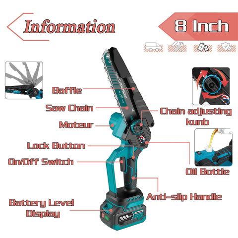 Newly 8 Inch Brushless Electric Saw W/ 2PCS Chains Cordless Woodworking Garden Pruning Chainsaw Set For Makita 18V Battery Pin