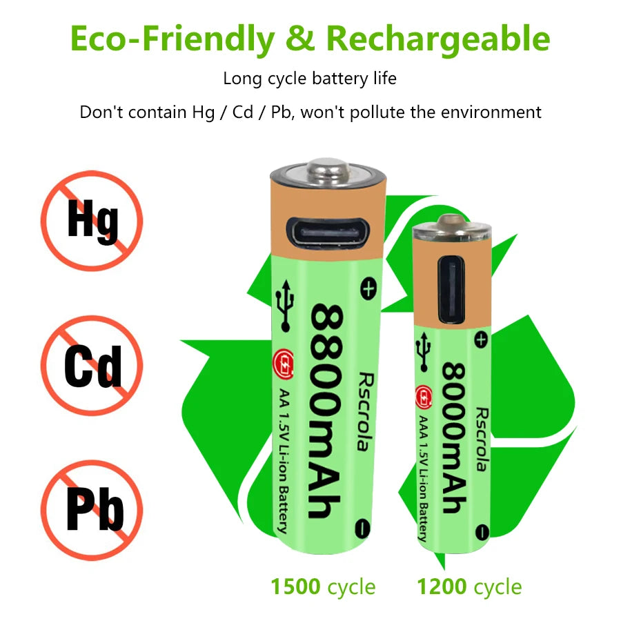High-Capacity Type-C AA Battery and AAA Battery 1.5V Rechargeable Batteries for Mouse, Clock, Toys, Laptop, Toothbrushes, Shaver