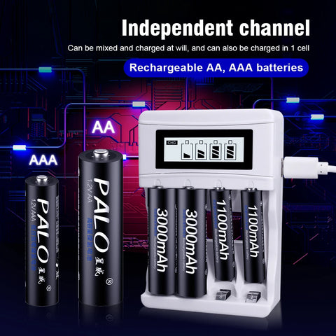 PALO AA and AAA Rechargeable Batteries 3000mAh NI-MH AA Battery LR6 1100mAh AAA LR3+LCD USB USB Charger for 1.2V AA AAA Battery