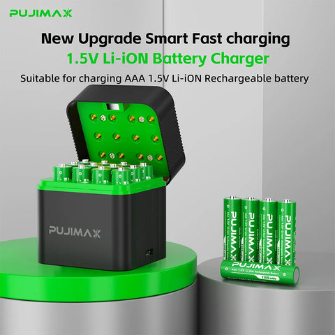 PUJIMAX 12-Slot 1.5V AAA 1100mWh Smart Charging Compartment  Lithium Battery Rechargeable Charger Set Large Capacity