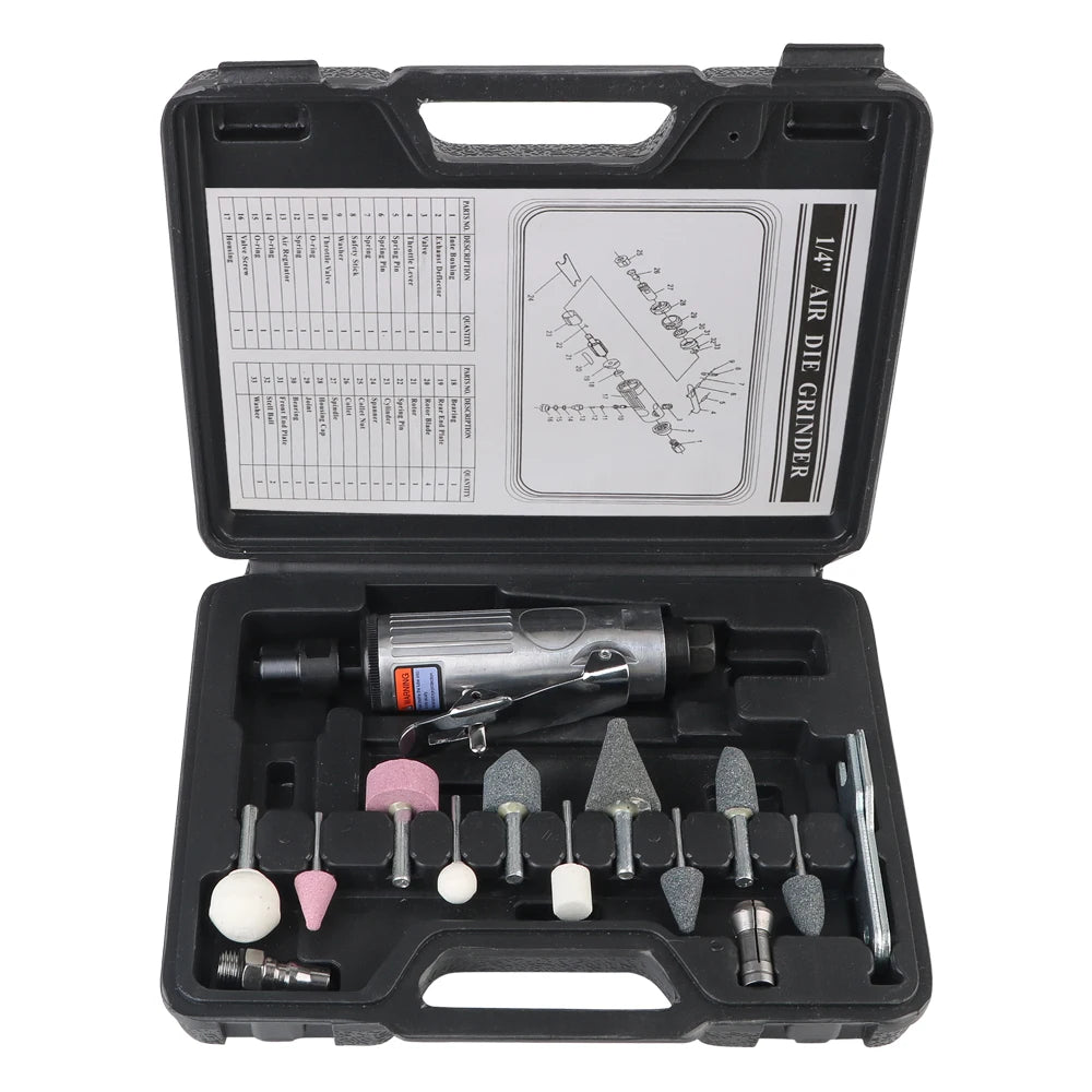 Air Grinder Mill Engraving Tool Car Tool Grinding Polishing Machine Kit Pneumatic Die Grinder 1/4" 1/8" 16Pcs Air Die Grinder