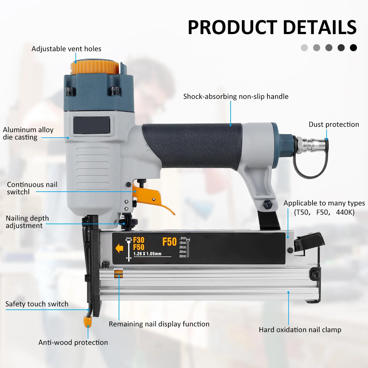 Powered Nailer Pneumatic Nail Gun T50 F50 440K 16Ga/18Ga Air Brads Nailer Cordless for Carpenter Fence Floor Furniture