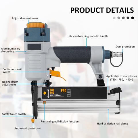 Powered Nailer Pneumatic Nail Gun T50 F50 440K 16Ga/18Ga Air Brads Nailer Cordless for Carpenter Fence Floor Furniture