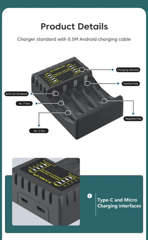 AA/AAA Battery Charger 4 Slots Intelligent LED Indicator USB C Micro Charger for Ni-MH/Ni-Cd Rechargeable AA/AAA Battery Charger
