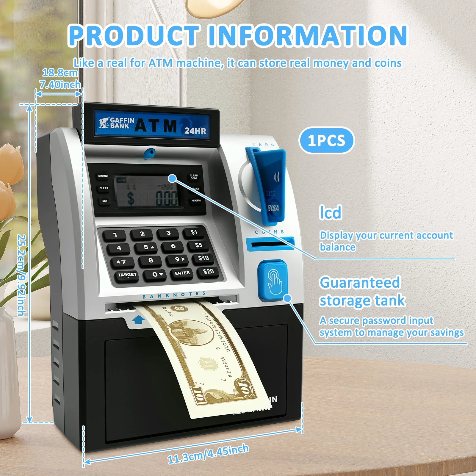 ATM Savings Bank Robust Electronic Piggy Bank Smart Card Swipe Digital Coin Saver Password Protected Savings Jar Flexible Access