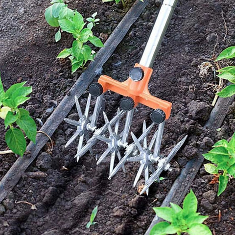 Manual Rotary Cultivator Tool Stainless Steel Teeth Adjustable Handle Garden Hand Tiller for Lawn Hand Rotary Cultivator