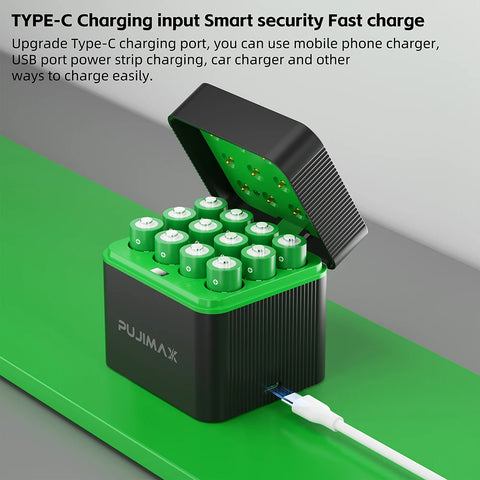 PUJIMAX 12-Slot 1.5V AAA 1100mWh Smart Charging Compartment  Lithium Battery Rechargeable Charger Set Large Capacity