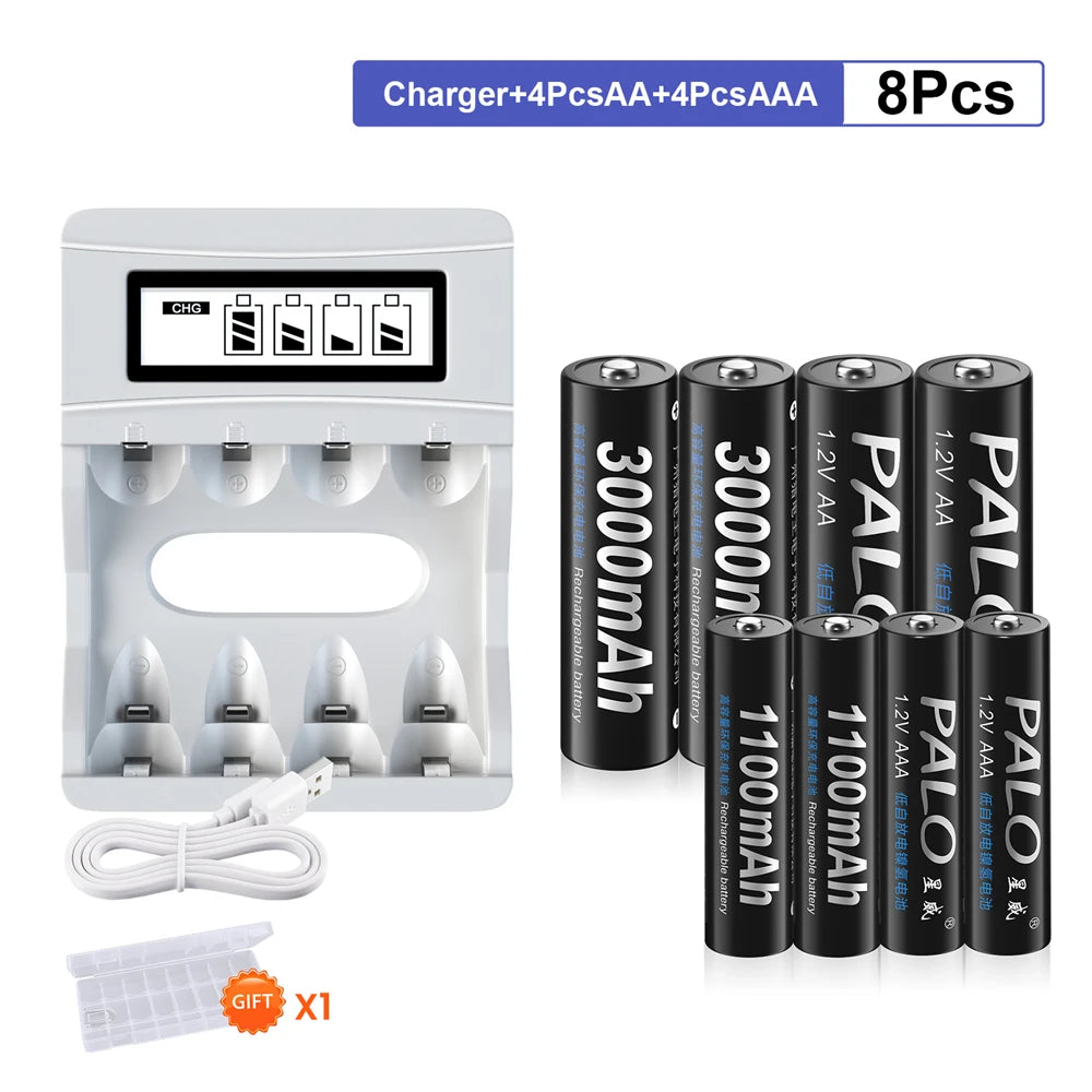 PALO AA and AAA Rechargeable Batteries 3000mAh NI-MH AA Battery LR6 1100mAh AAA LR3+LCD USB USB Charger for 1.2V AA AAA Battery