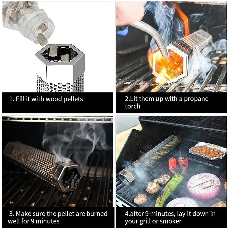 6/12 inch BBQ Stainless Steel Smoker Grill Tube Perforated Mesh Filter Gadget Pellet Smoking Generator Hexagon Spice Smoked Box