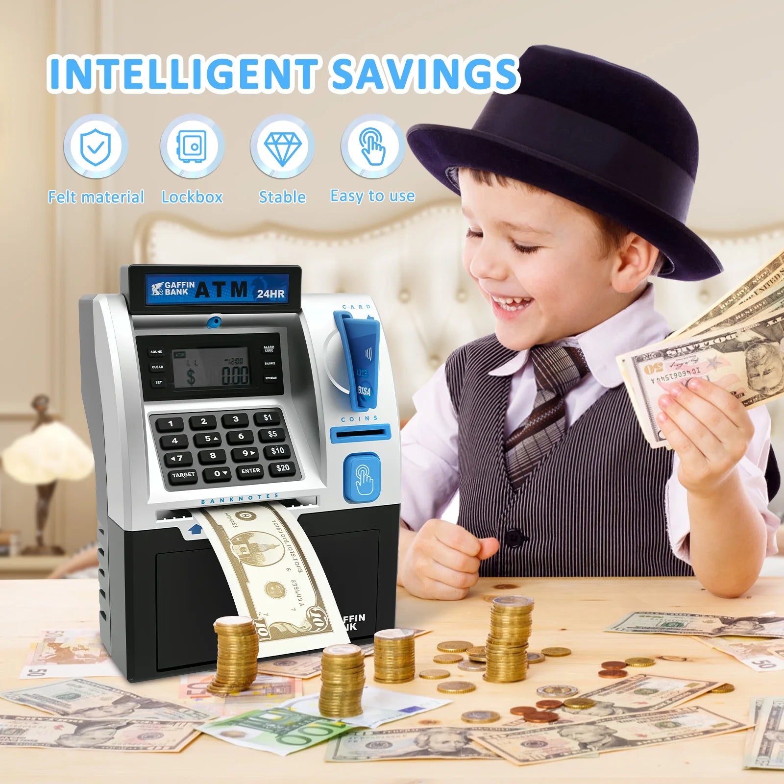 ATM Savings Bank Robust Electronic Piggy Bank Smart Card Swipe Digital Coin Saver Password Protected Savings Jar Flexible Access