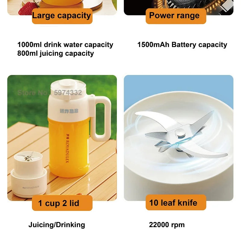 1000ml Wireless Juicer Blender Portable Drinking Cup Milkshake Mixer Juice Maker USB Rechargeable Home Juice Cup 1500mAh